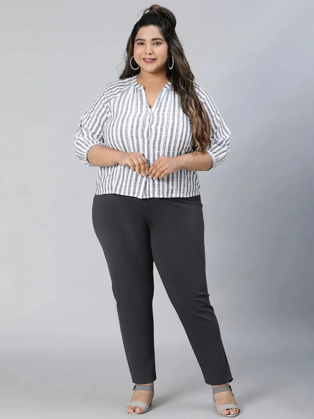 Iconic Blue Stripe Print Plus Size Cotton Loopy Top - Image 2