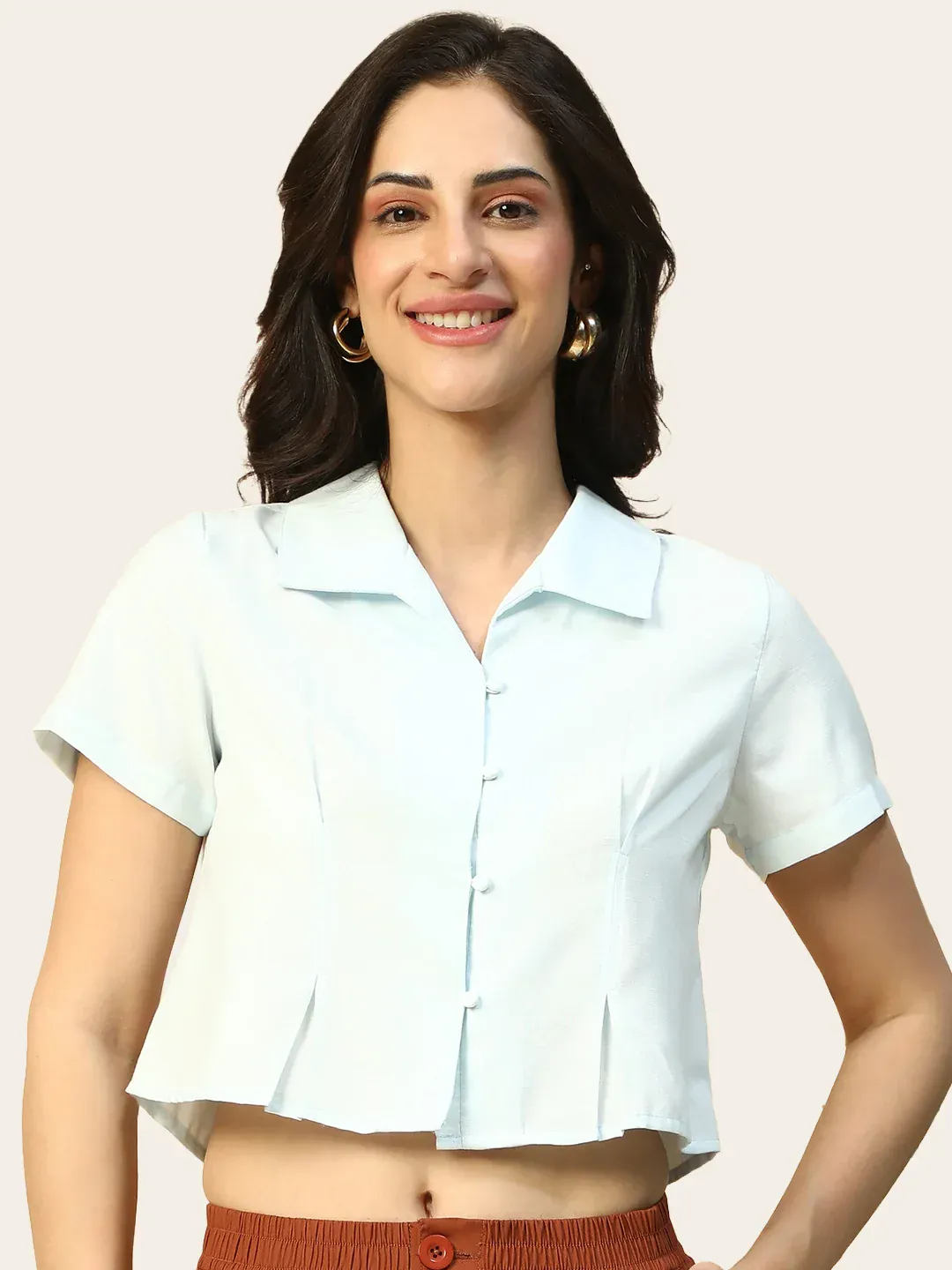Icy Blue Collared Short Sleeve Women Shirt