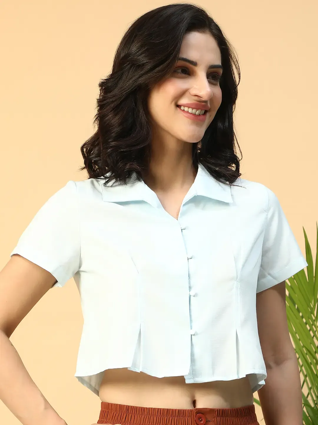 Icy Blue Collared Short Sleeve Women Shirt - Image 3