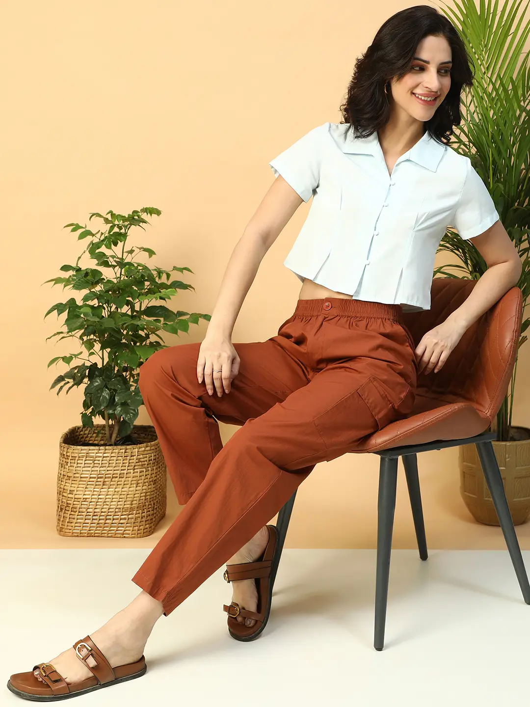 Icy Blue Collared Short Sleeve Women Shirt - Image 5
