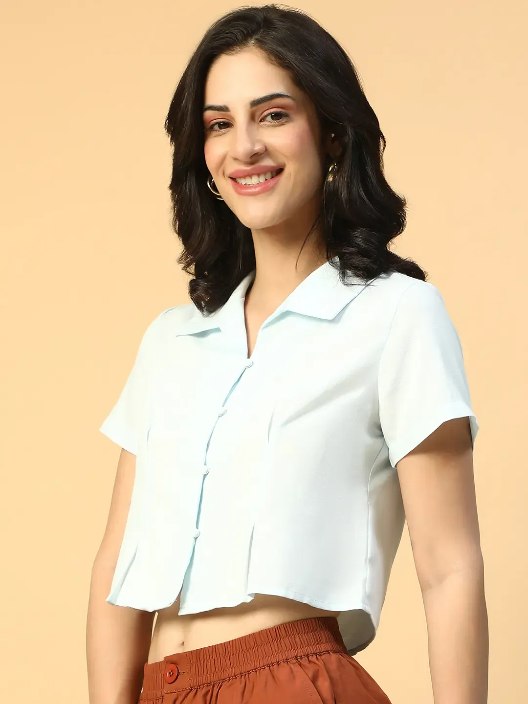 Icy Blue Collared Short Sleeve Women Shirt - Image 8