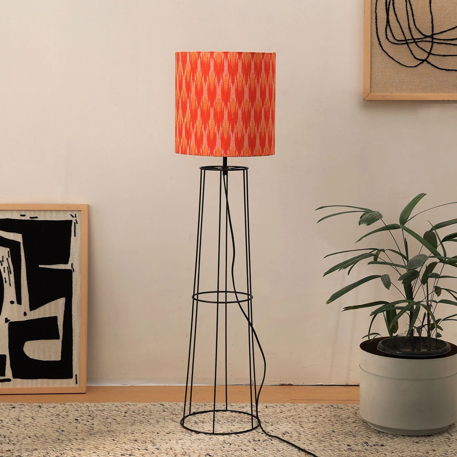 Ikkat Floor Lamp - Ikkat Fabric Floor Light, Indian And Scandinavian Fusion, Modern Tripod Lighting, Trending Standing Lamp