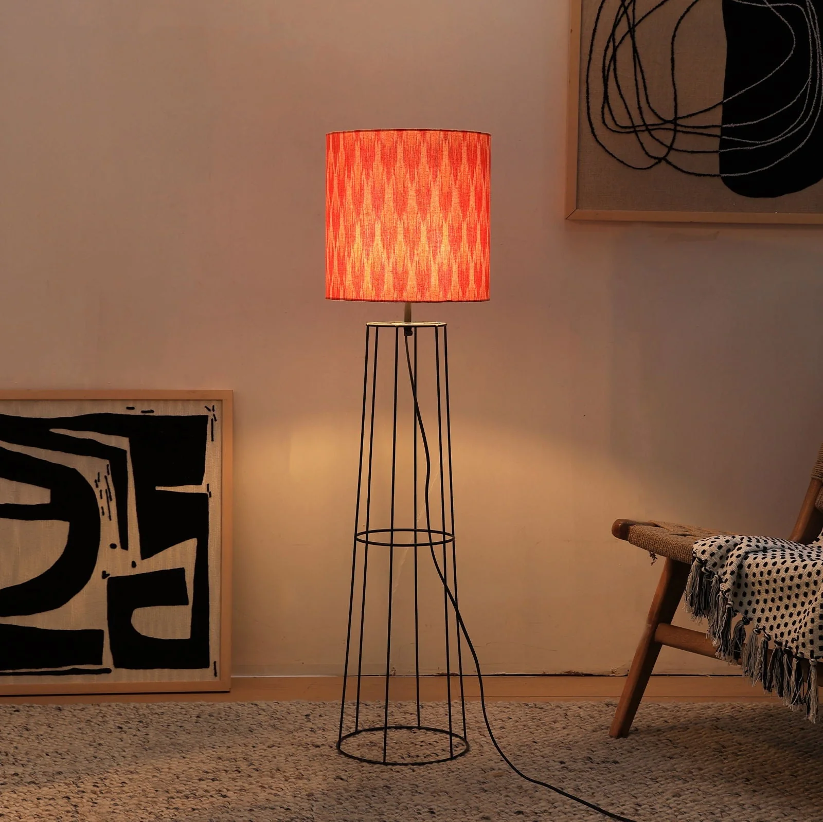 Ikkat Floor Lamp - Ikkat Fabric Floor Light, Indian And Scandinavian Fusion, Modern Tripod Lighting, Trending Standing Lamp - Image 3