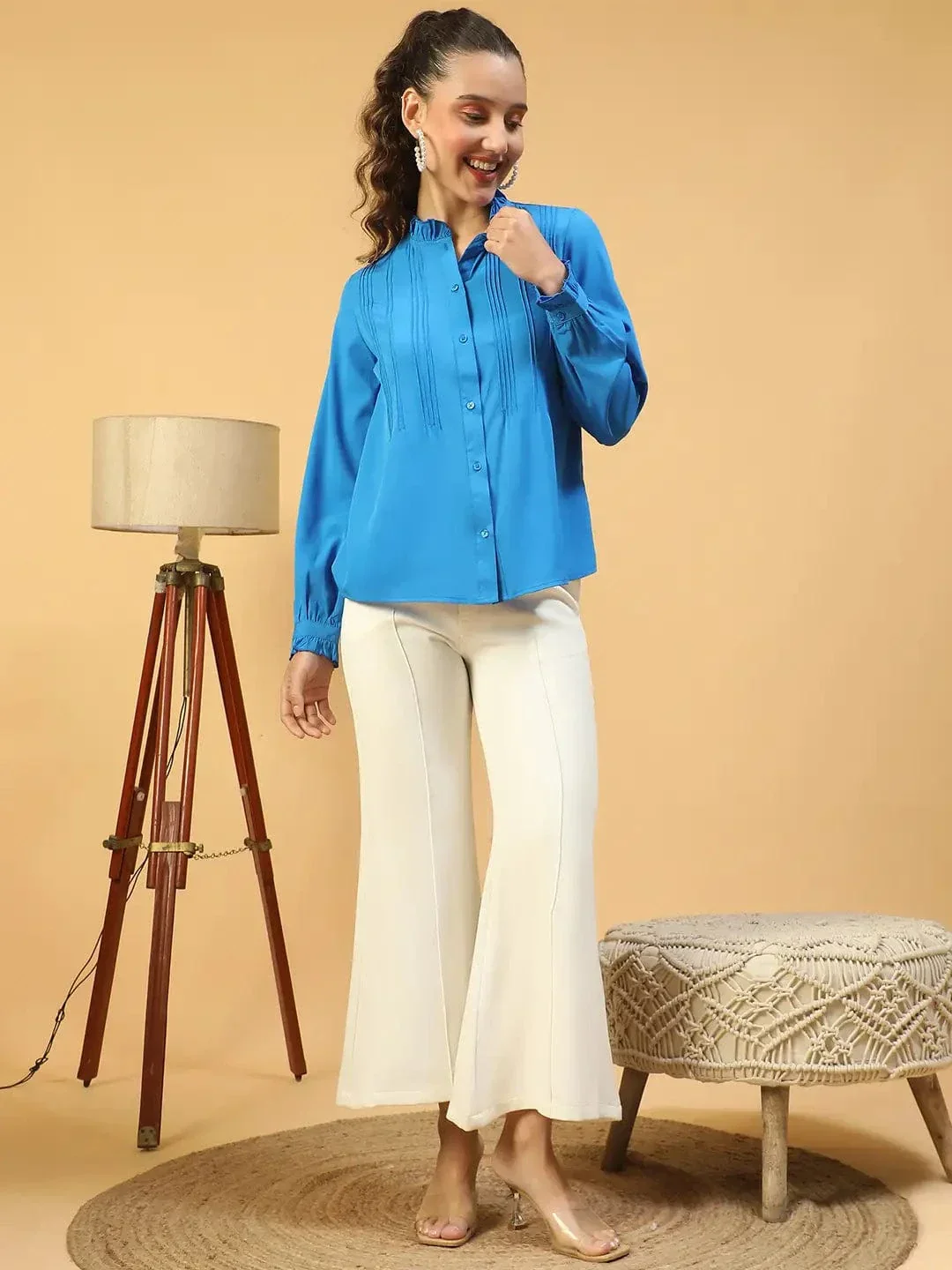 Imply Blue Frill Detailed Long Sleeve Button Down Women Pleated Shirt - Image 2