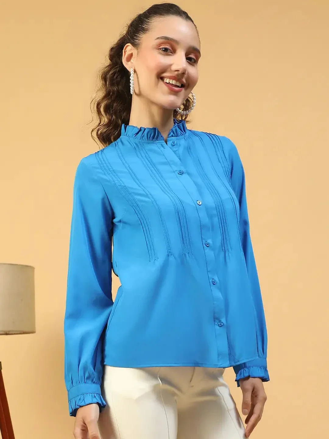 Imply Blue Frill Detailed Long Sleeve Button Down Women Pleated Shirt - Image 4