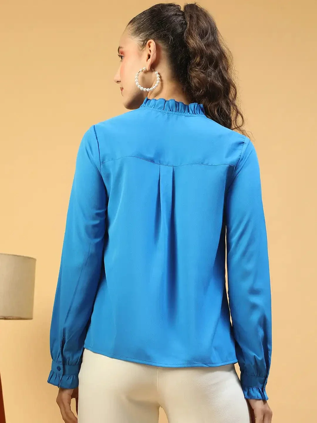 Imply Blue Frill Detailed Long Sleeve Button Down Women Pleated Shirt - Image 5