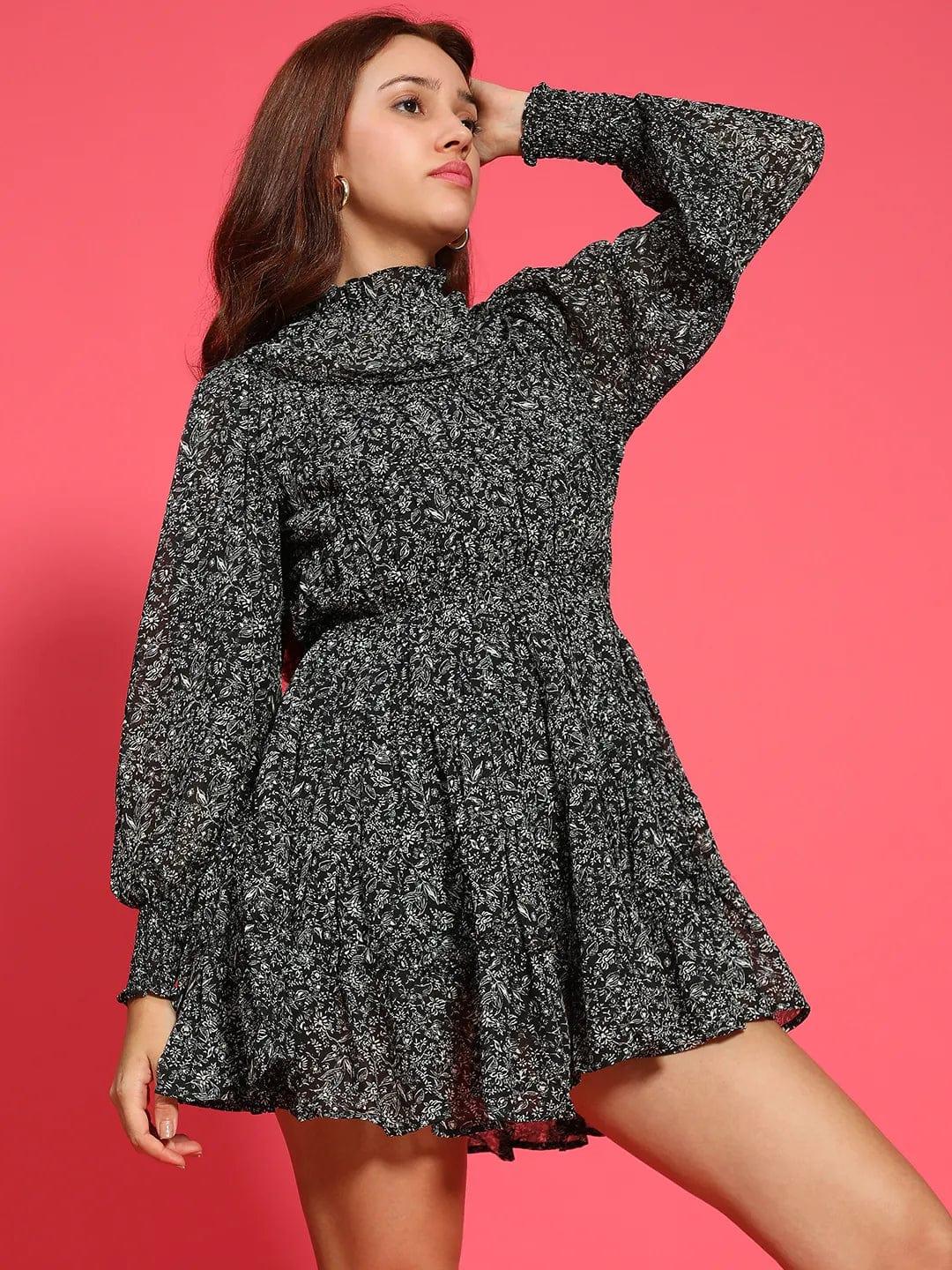 Impressive Black Floral Print Long Sleeve Ruffle Detail Women Dress - Image 4