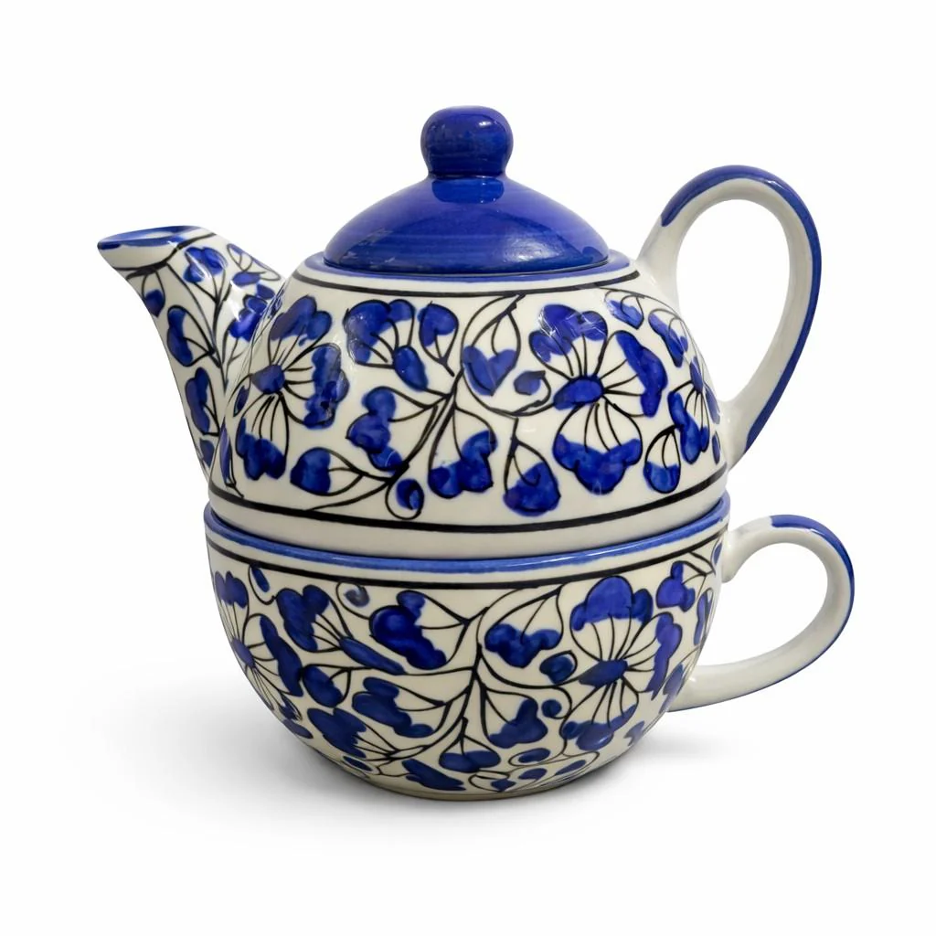 Indigo Floral Ceramic Tea Pot with Cup Set | Tea for One Teapot & Cup Combo - Image 3