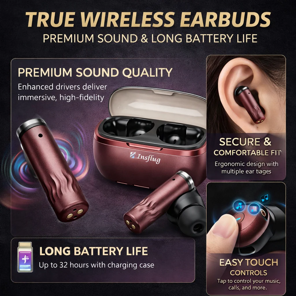 Insflug ZenitPro Wireless Bluetooth Earbuds with Deep Bass ENC Mic 32H Battery Touch Control - Image 3