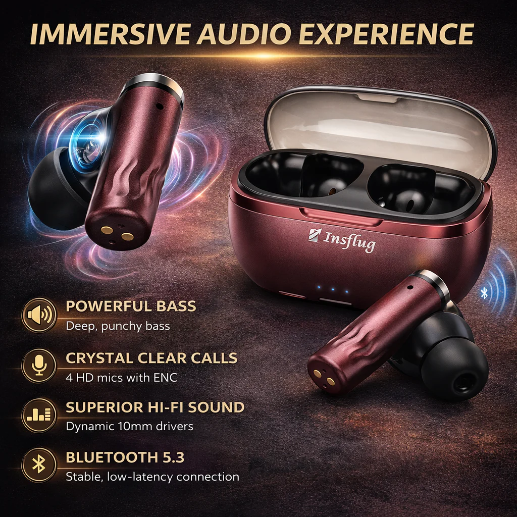 Insflug ZenitPro Wireless Bluetooth Earbuds with Deep Bass ENC Mic 32H Battery Touch Control - Image 4