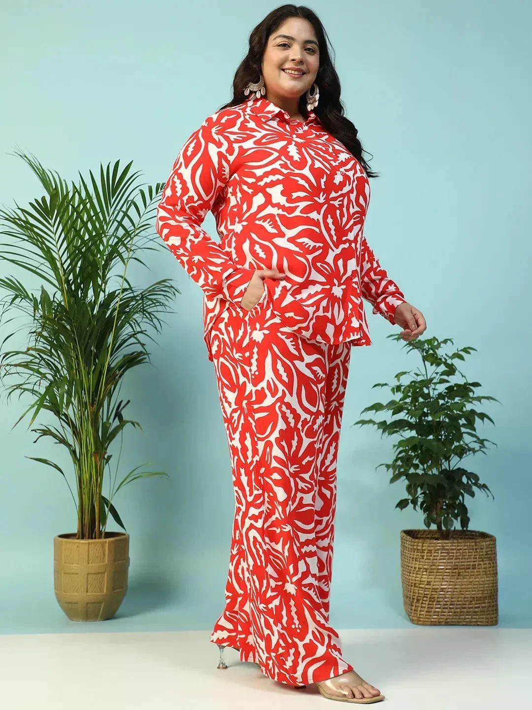 Instinct Red Floral Print Collared Shirt with Flared Pants Plus Size Women Co-ord Set - Image 3