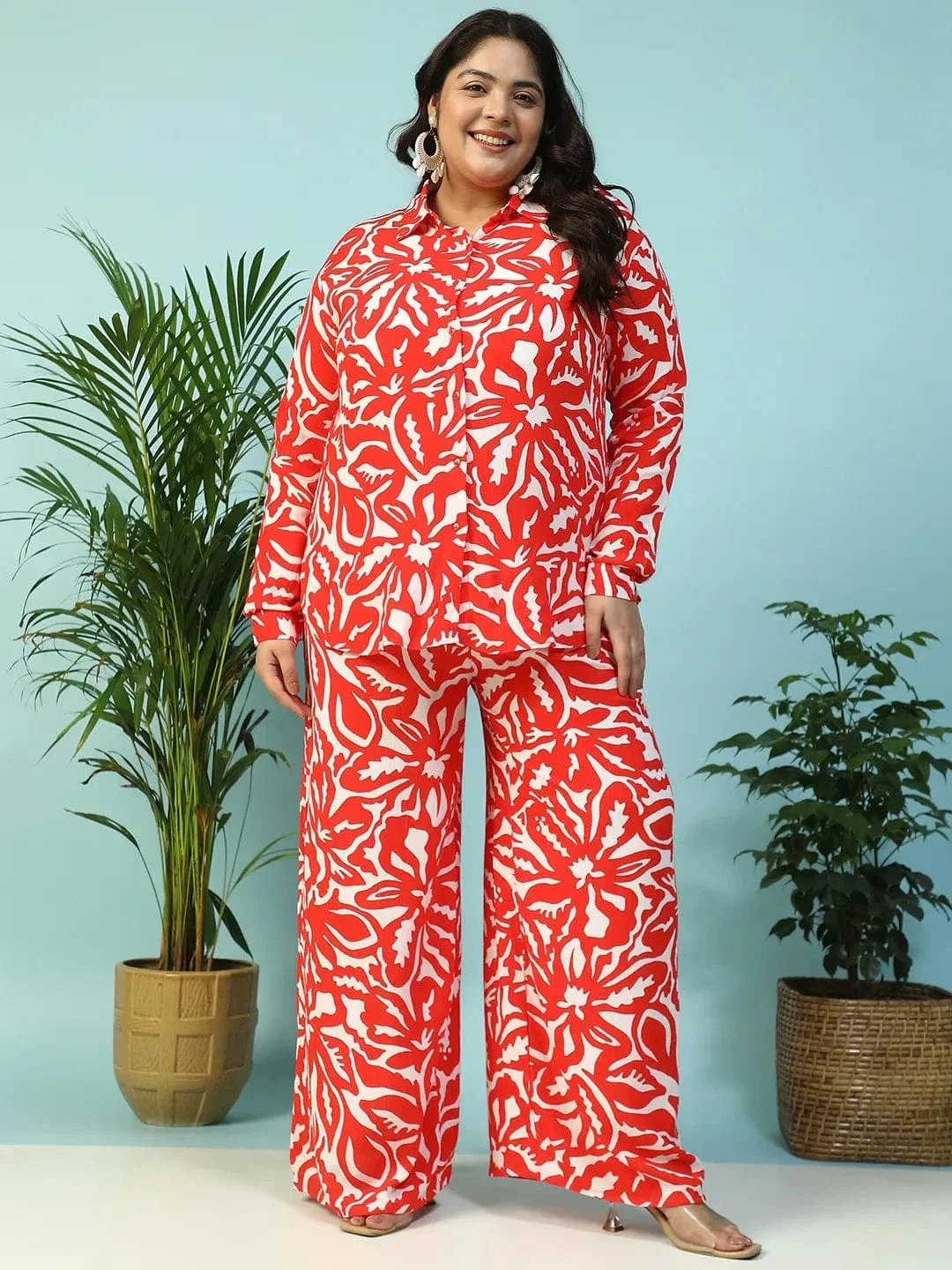 Instinct Red Floral Print Collared Shirt with Flared Pants Plus Size Women Co-ord Set - Image 4