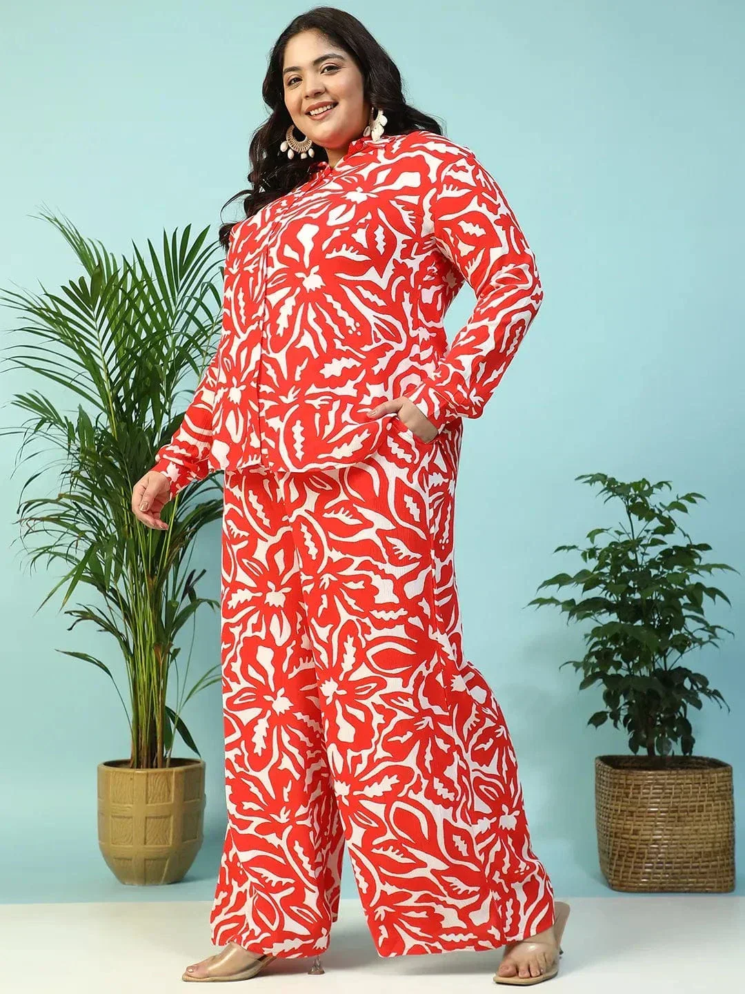 Instinct Red Floral Print Collared Shirt with Flared Pants Plus Size Women Co-ord Set - Image 6