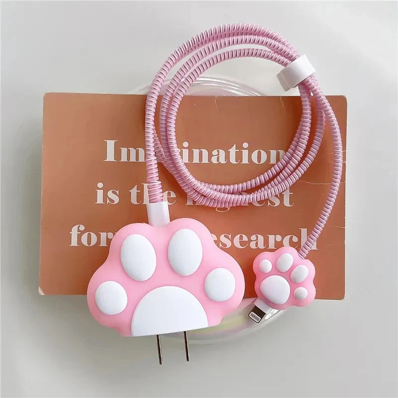 Iphone Charger Case Cover - Cute Paws - 4 Piece Set (With Wire Protector)