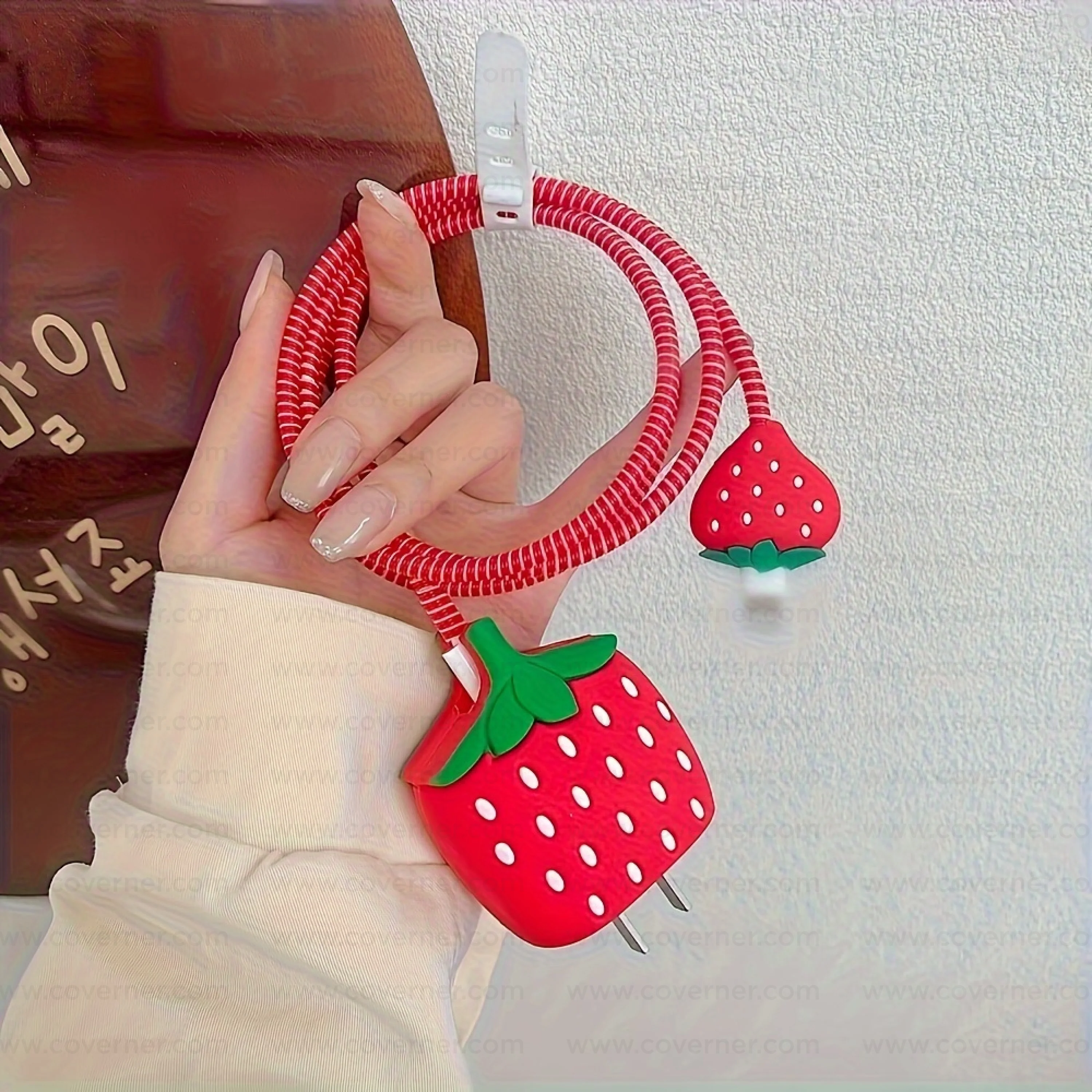 Iphone Charger Case Cover - Red Cherry - 4 Piece Set (With Wire Protector) - Image 2