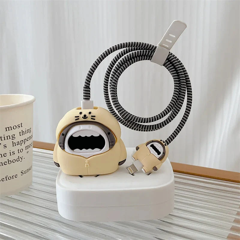Iphone Charger Case Cover - Shark - Cream - 4 Piece Set (With Wire Protector) - Image 3