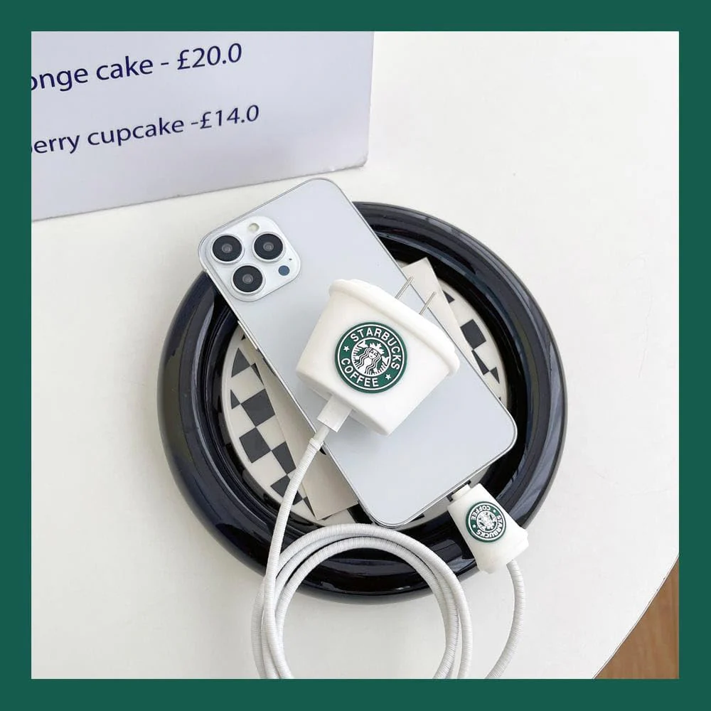 Iphone Charger Case Cover - Starbucks White - 4 Piece Set (With Wire Protector) - Image 4