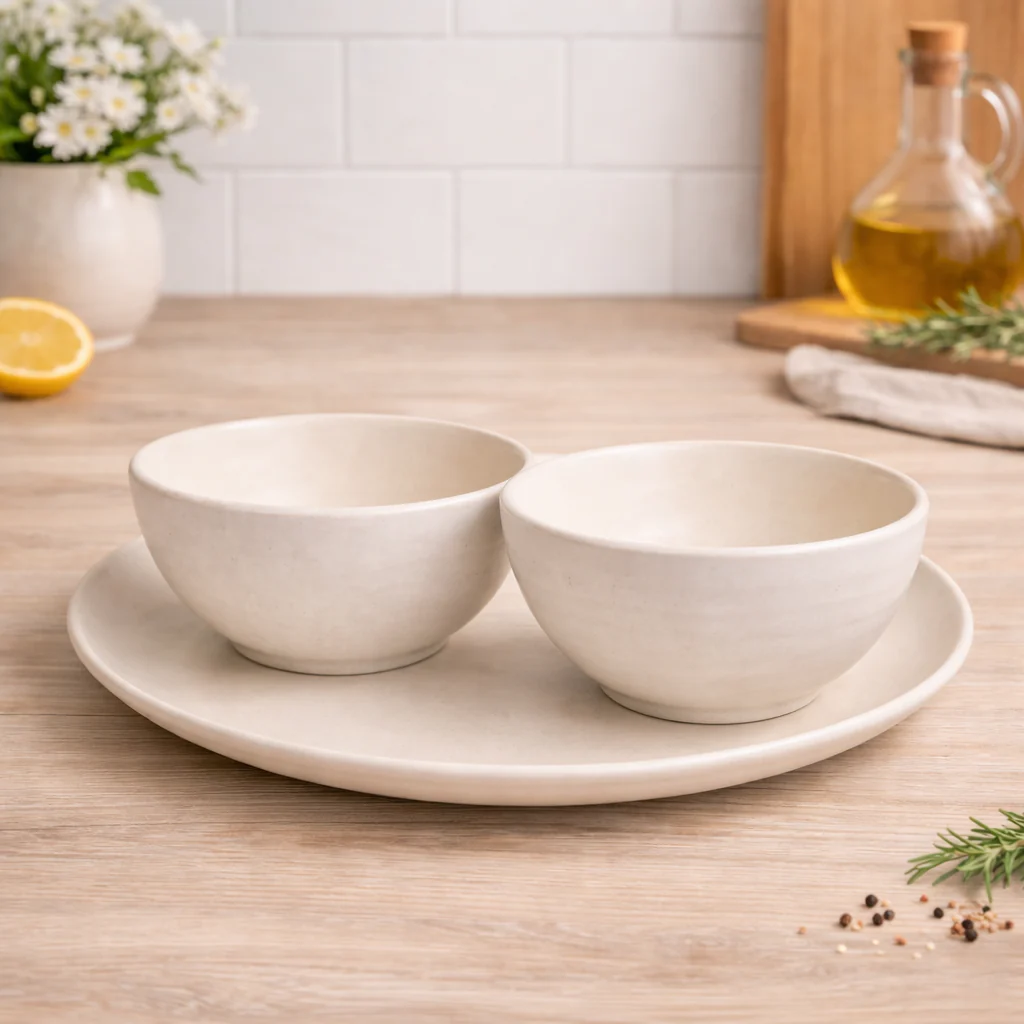 Ivory Ceramic Plate & Bowl Set | Minimal Serving Plate with 2 Bowls | Modern Dinnerware Set | Microwave & Dishwasher Safe - Image 2