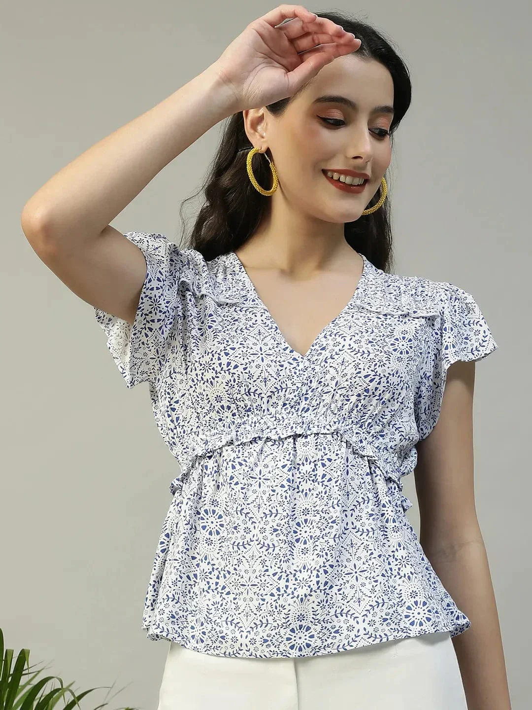 Ivory Floral Print Short sleeve Frill Detail Women Peplum Top