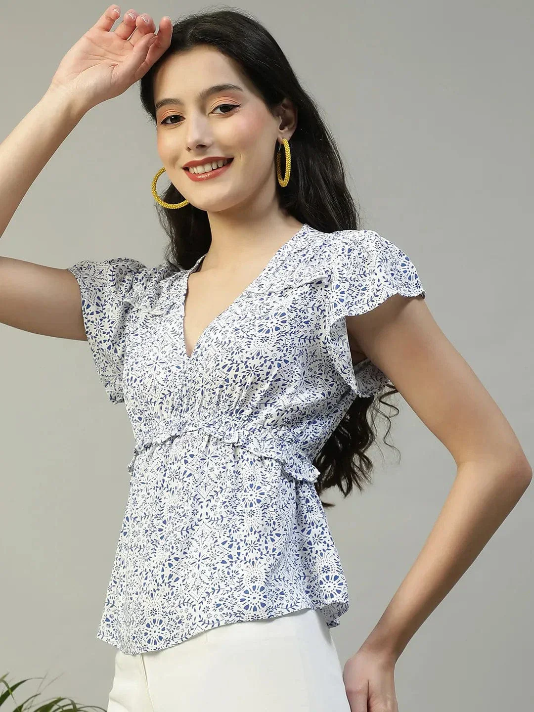 Ivory Floral Print Short sleeve Frill Detail Women Peplum Top - Image 3