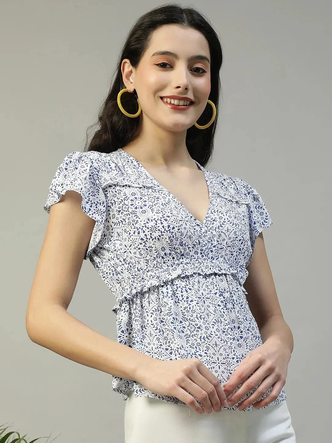 Ivory Floral Print Short sleeve Frill Detail Women Peplum Top - Image 4