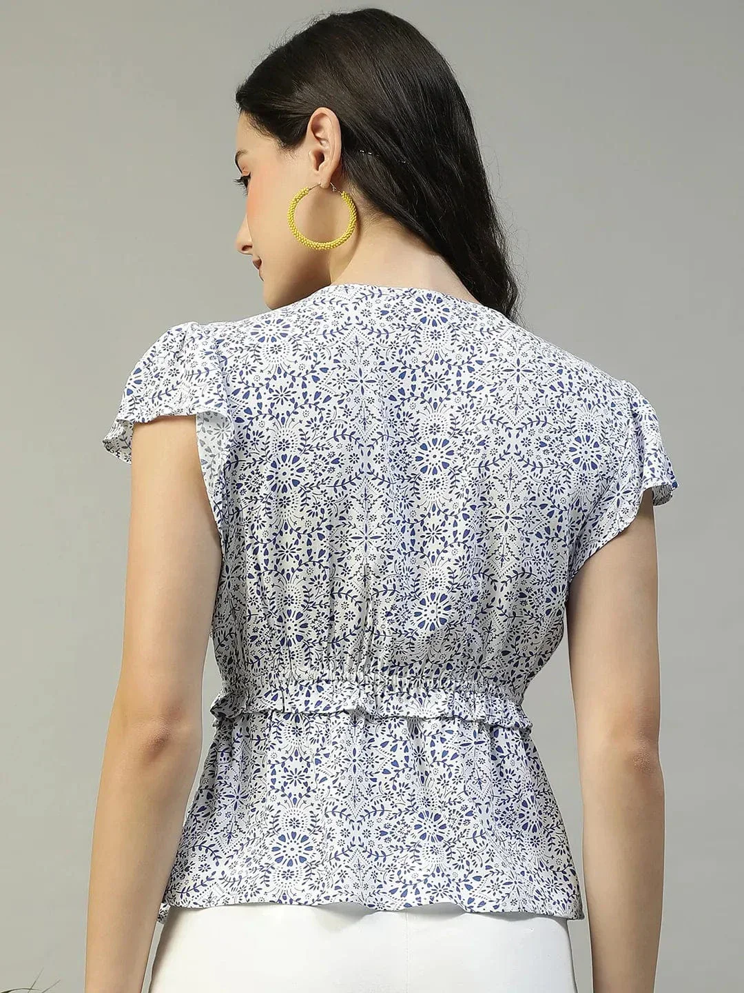Ivory Floral Print Short sleeve Frill Detail Women Peplum Top - Image 5