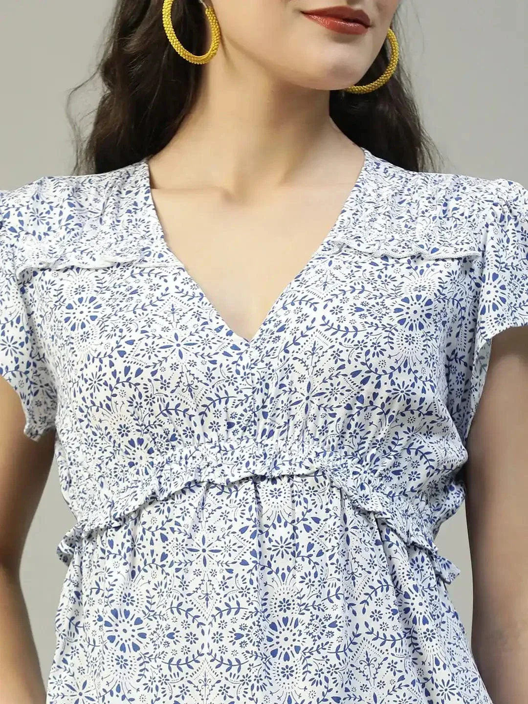 Ivory Floral Print Short sleeve Frill Detail Women Peplum Top - Image 6