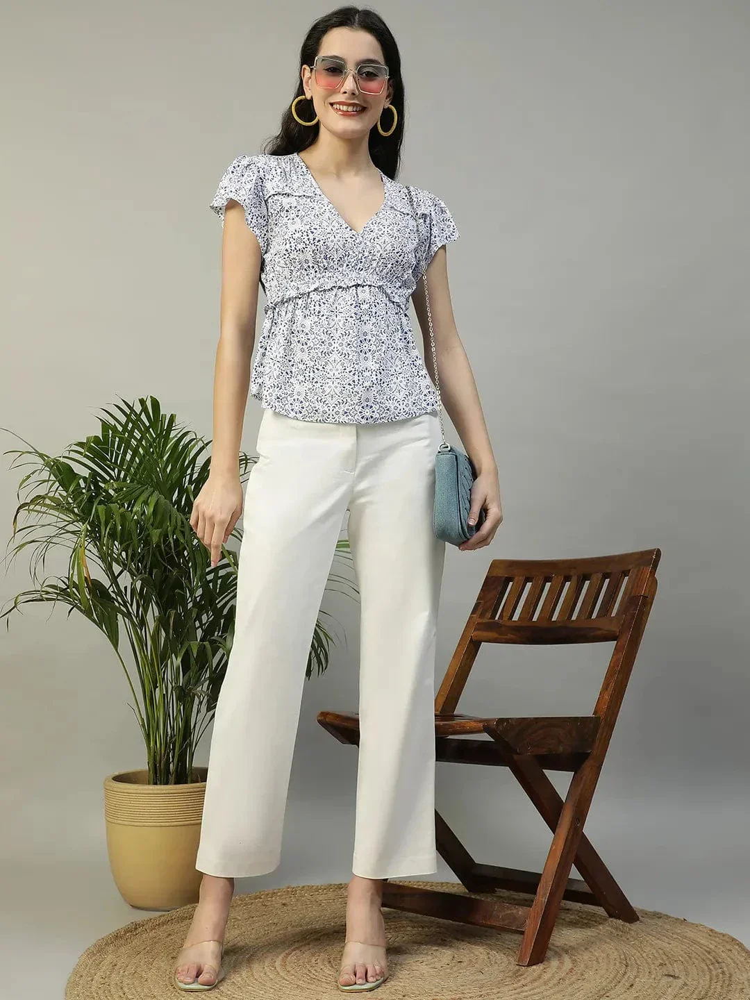 Ivory Floral Print Short sleeve Frill Detail Women Peplum Top - Image 8