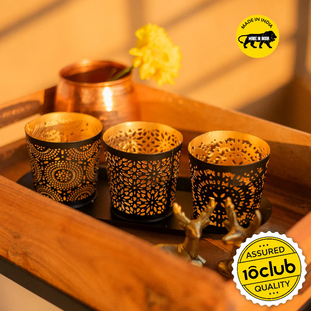 Jaali Metal Votives With Tray - Image 2