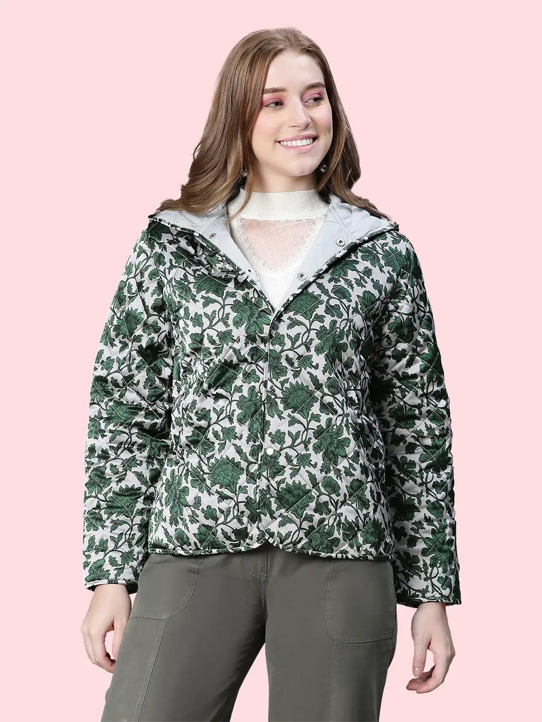 Jamboree Green Floral Print Women Winter Wear Jacket For Style