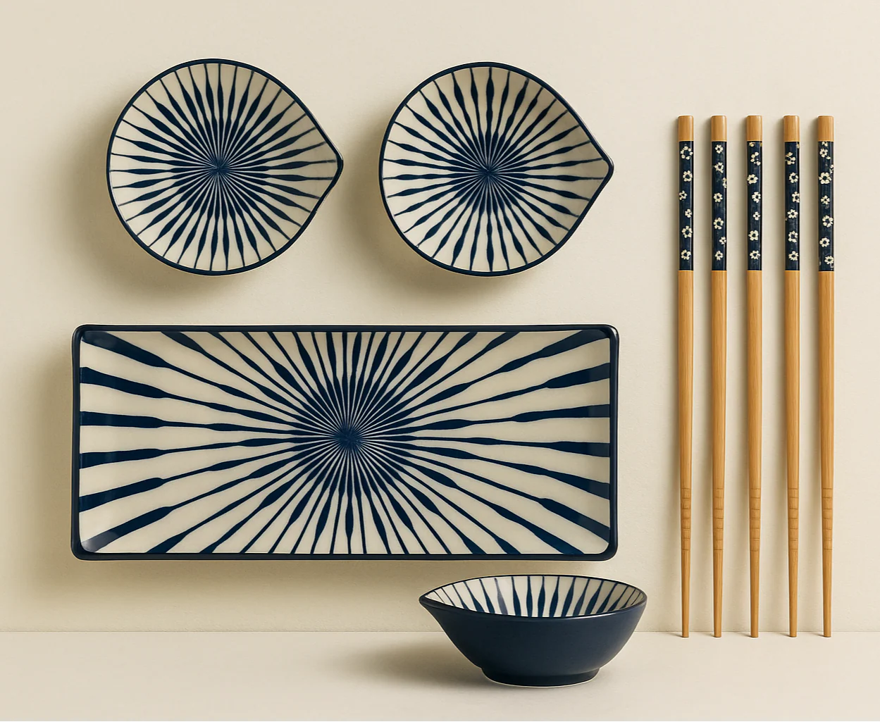 Japanese Dining Set – Ceramic Sushi Plate, 2 Dipping Bowls & 4 Chopsticks | Premium Gift Box - Image 5