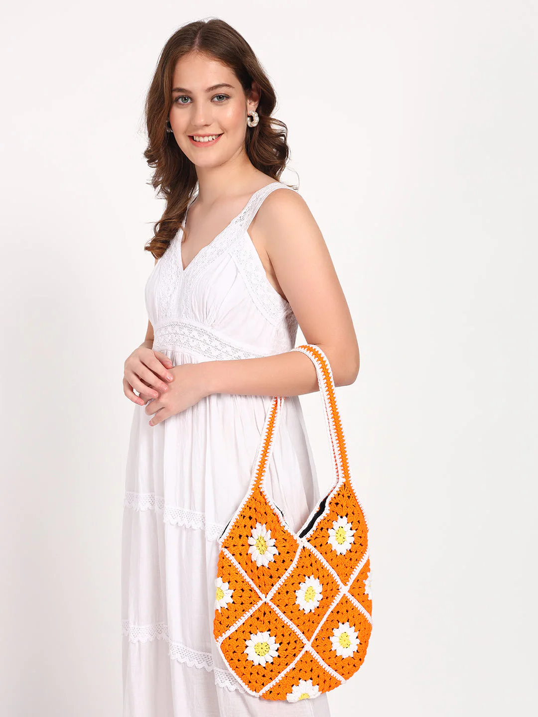 Johanna Handmade Crochet Bag - OrangeWhite - Image 4
