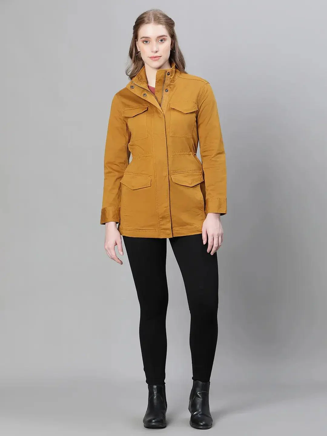 Jovial Mustard Collared Snap Buttoned Long Sleeve Winter Wear Cotton Jacket - Image 2