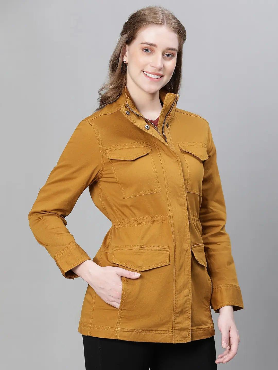 Jovial Mustard Collared Snap Buttoned Long Sleeve Winter Wear Cotton Jacket - Image 4