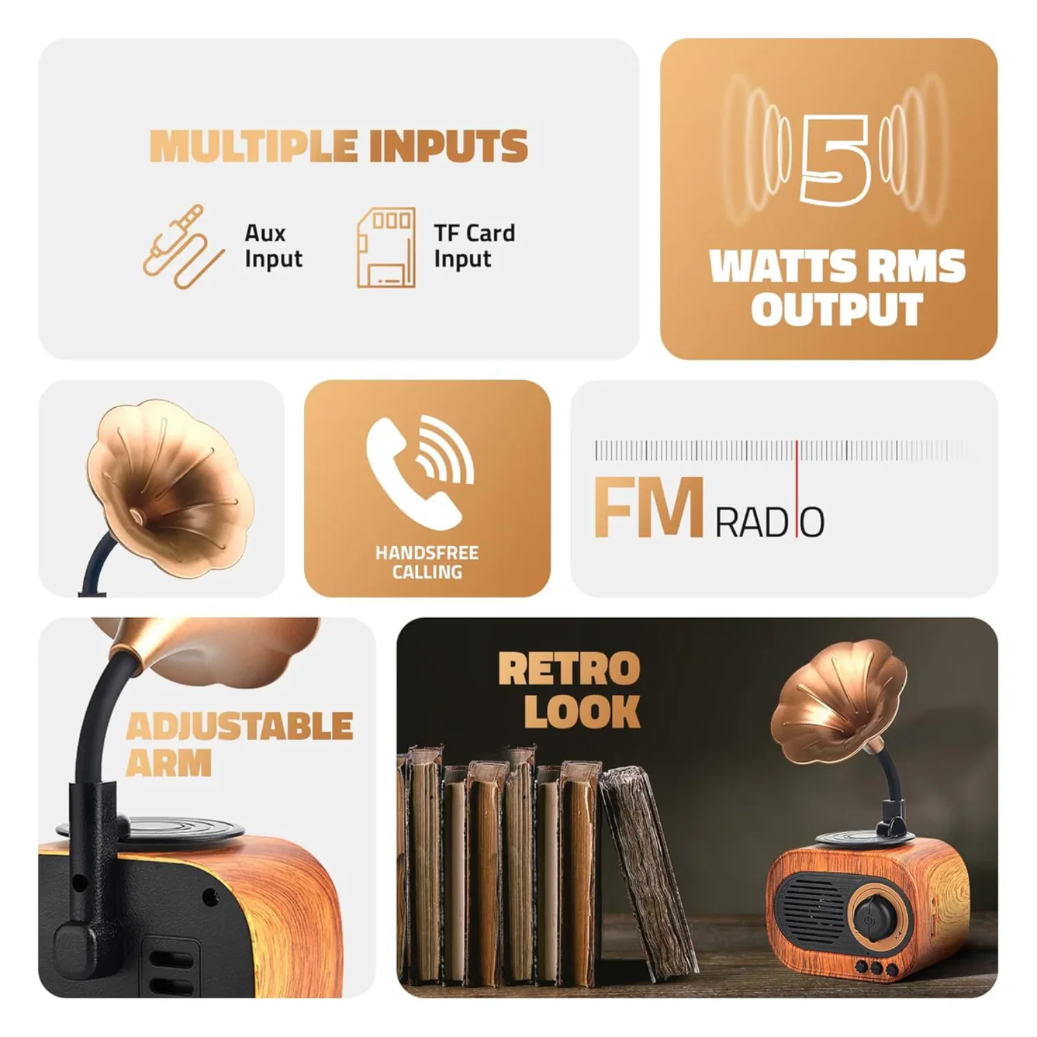 JukeMini: Retro Vinyl Bluetooth Speaker with Loud Sound, Physical Knob Control, FM Radio, USB & Aux, 5W Output, Vintage Design & Hands-Free Calling - Image 2