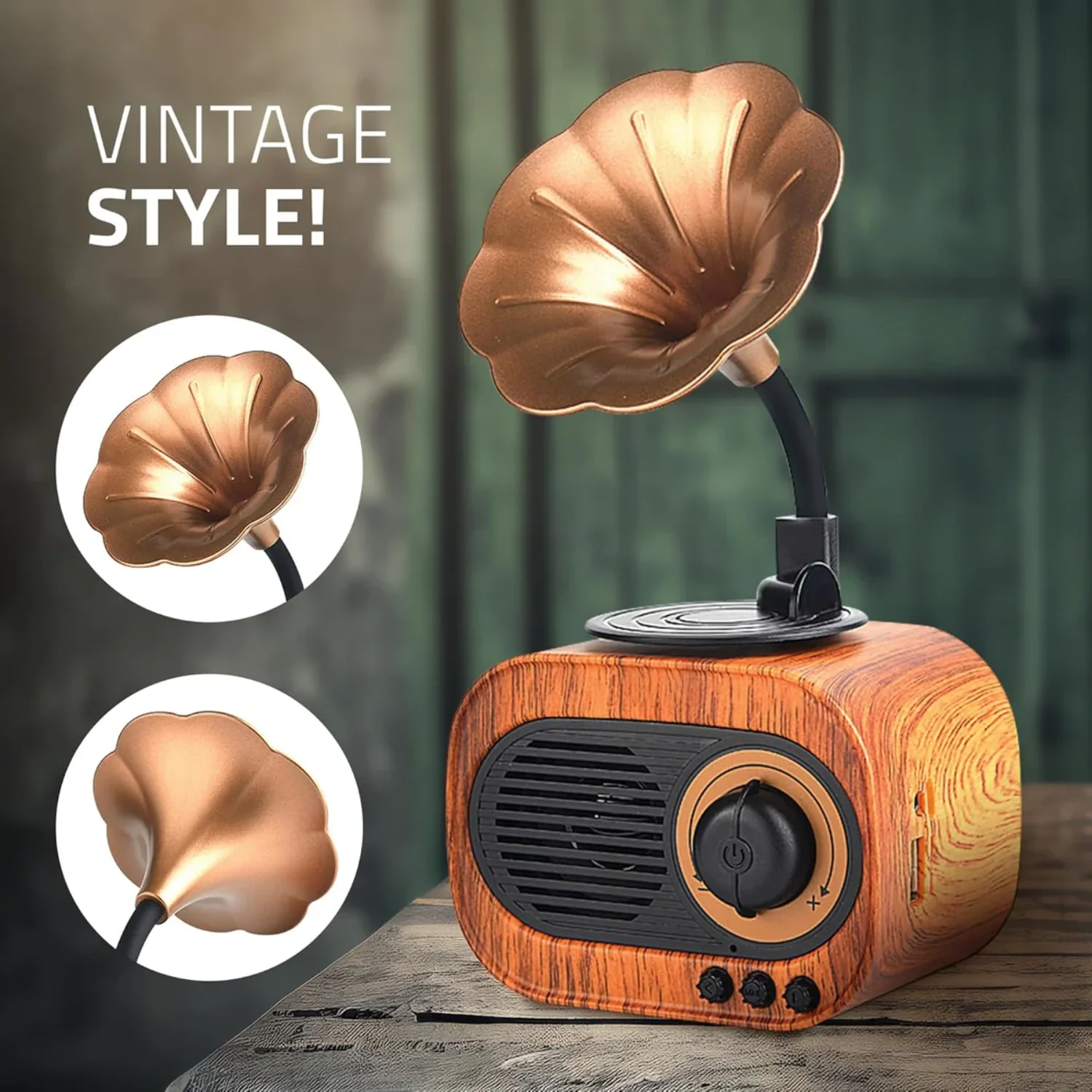 JukeMini: Retro Vinyl Bluetooth Speaker with Loud Sound, Physical Knob Control, FM Radio, USB & Aux, 5W Output, Vintage Design & Hands-Free Calling - Image 6