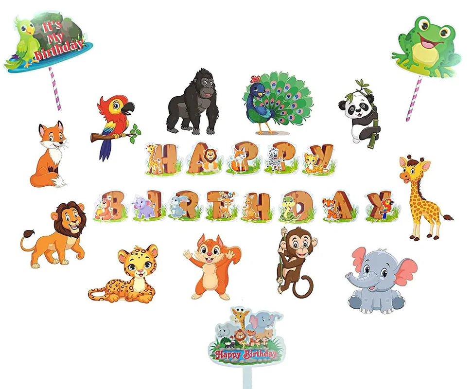 Jungle Safari Themed Set With Posters And Happy Birthday Banner, Cake Topper (Pack of 16) - Image 5