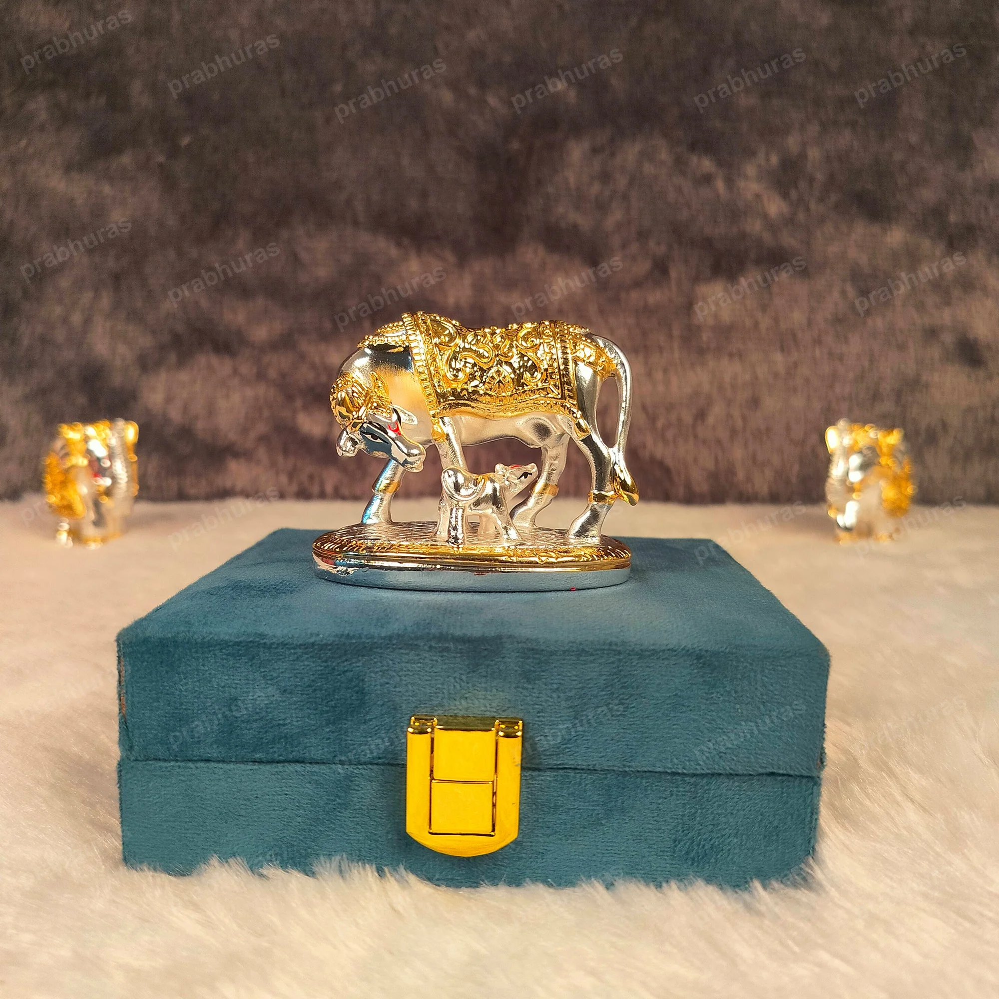 Kamdhenu Cow and Calf Statue Gold And Silver Coated