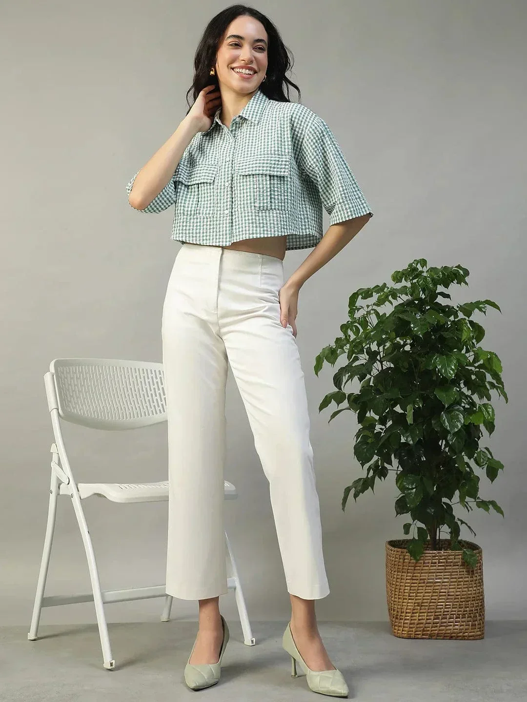 Keen Green Yarn Dyed Check Print Collared With Button Fly Short Sleeve Women Cotton Shirt - Image 2