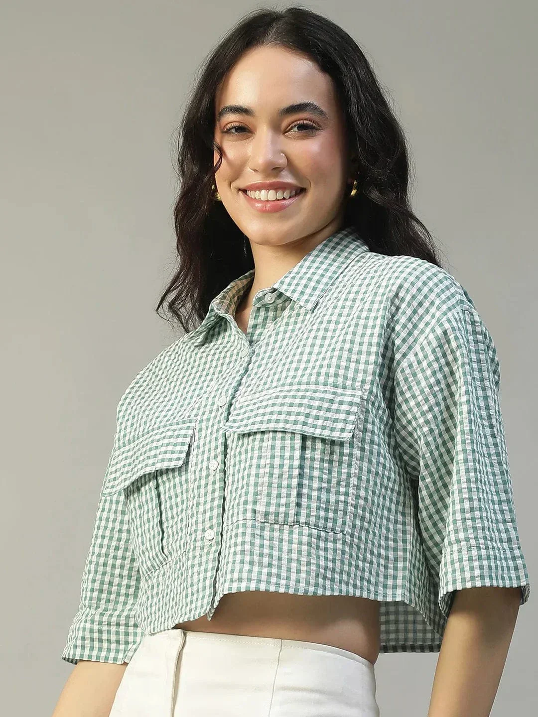 Keen Green Yarn Dyed Check Print Collared With Button Fly Short Sleeve Women Cotton Shirt - Image 3
