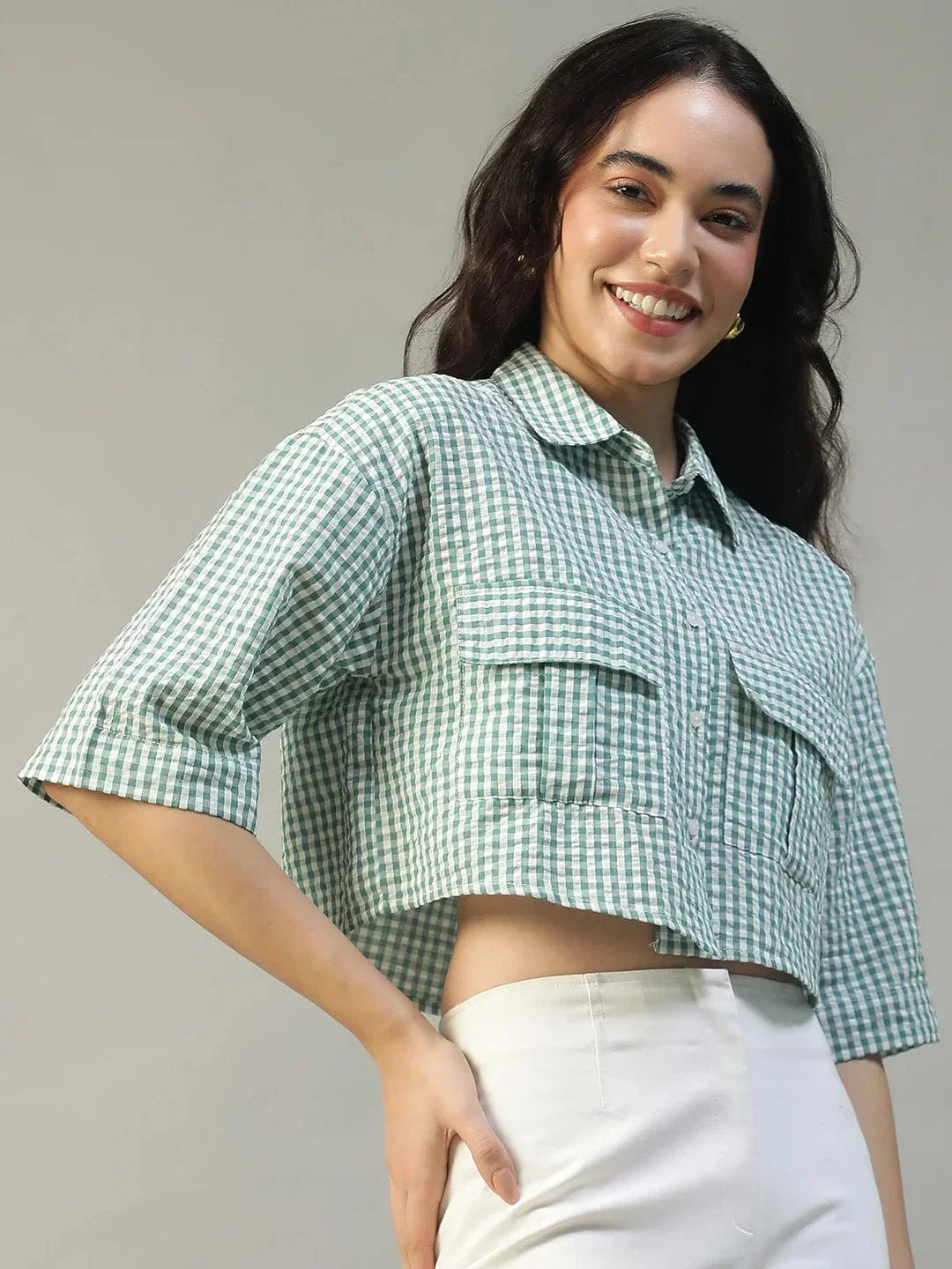 Keen Green Yarn Dyed Check Print Collared With Button Fly Short Sleeve Women Cotton Shirt - Image 4
