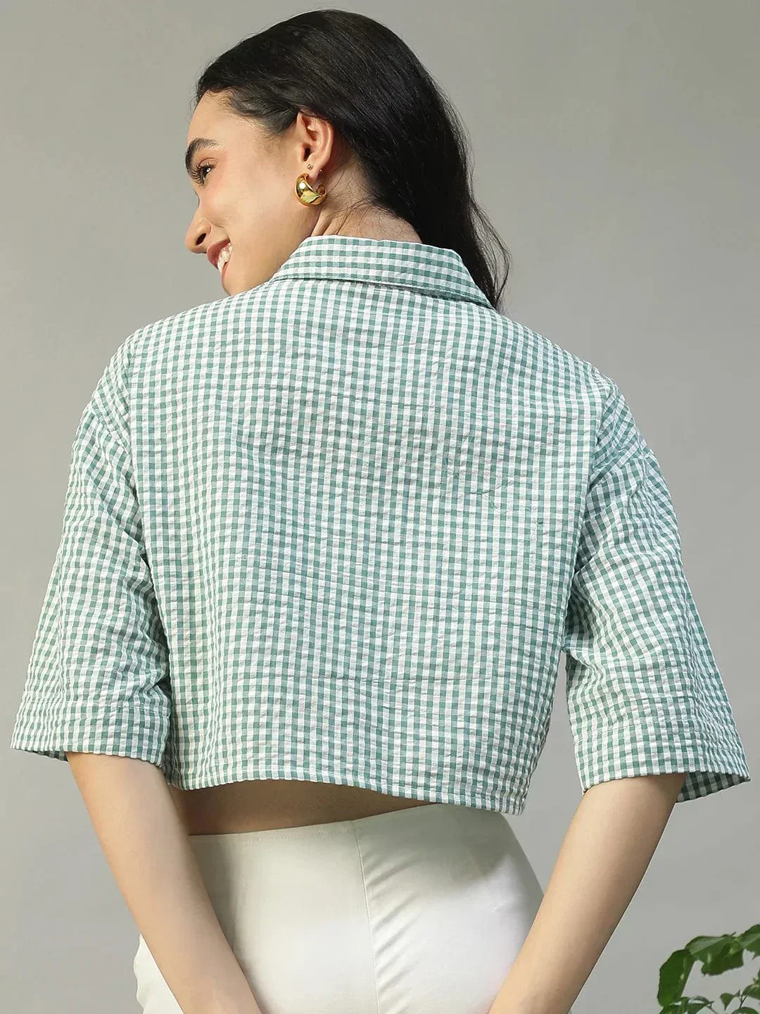 Keen Green Yarn Dyed Check Print Collared With Button Fly Short Sleeve Women Cotton Shirt - Image 5