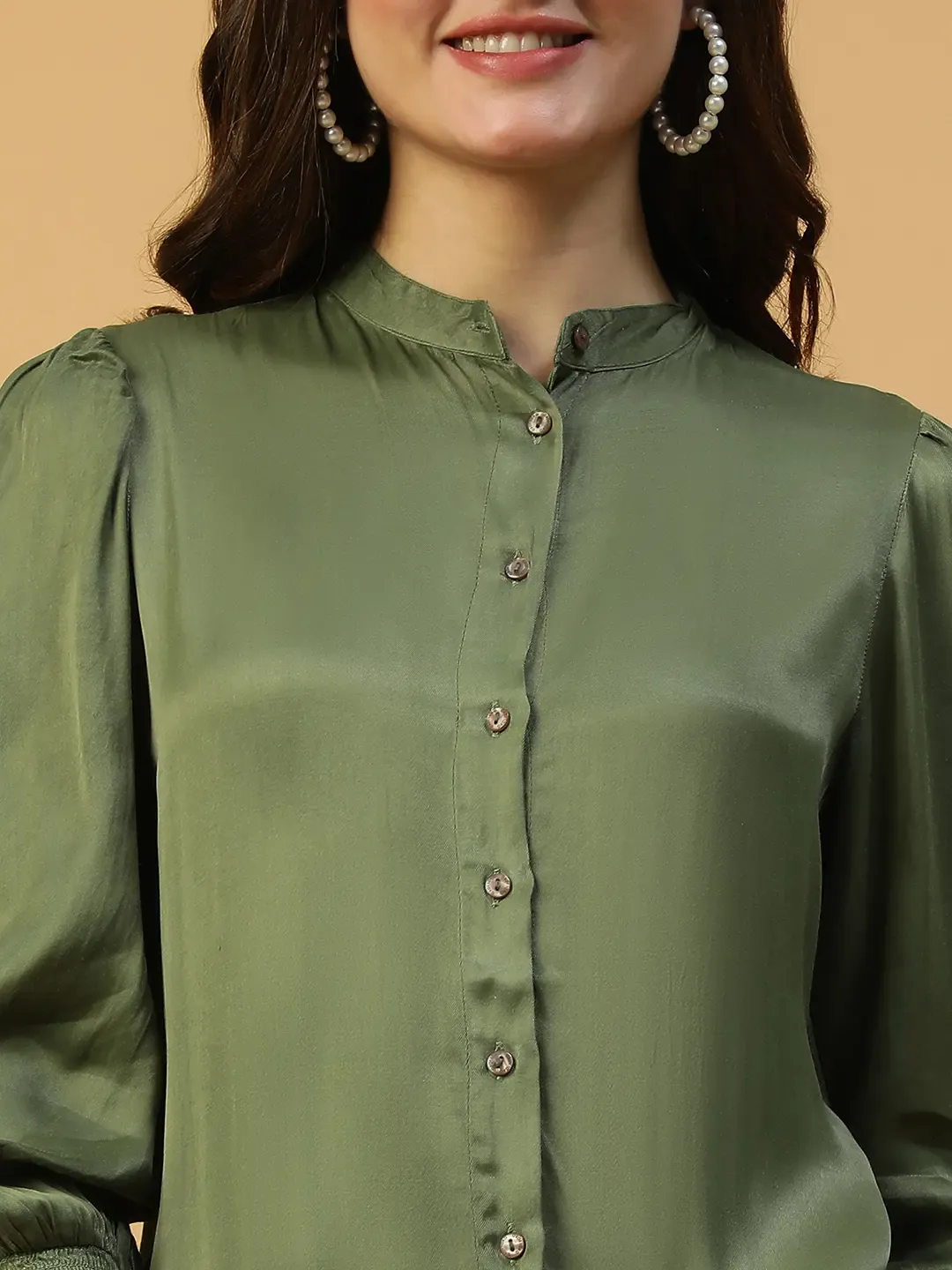 Khaki Button Down Women Dress Solid Long Sleeve Mandarin Collar Style - Image 2