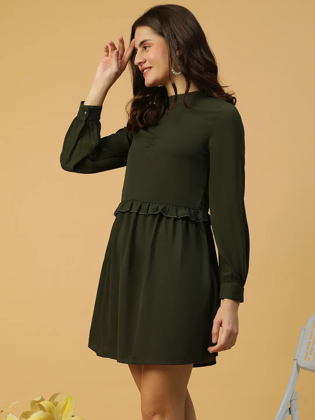Khaki Long Sleeve Ruffle Detail Party Dress - Image 4