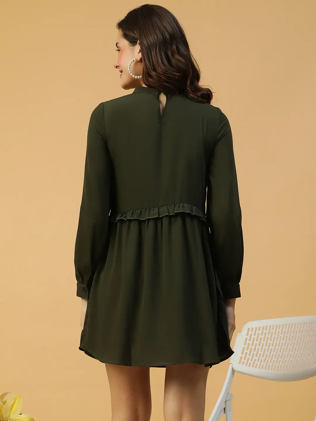 Khaki Long Sleeve Ruffle Detail Party Dress - Image 6