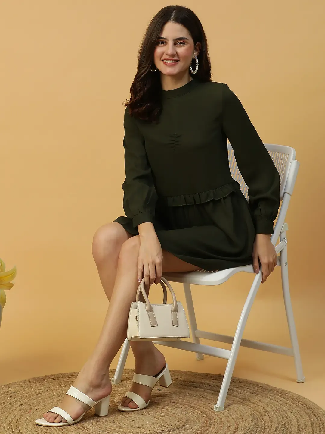 Khaki Long Sleeve Ruffle Detail Party Dress - Image 9
