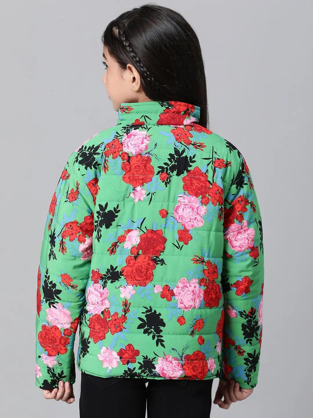Kids Girl Floral Print Green Zip Lined Long Sleeve Reversible Quilted Jacket - Image 5