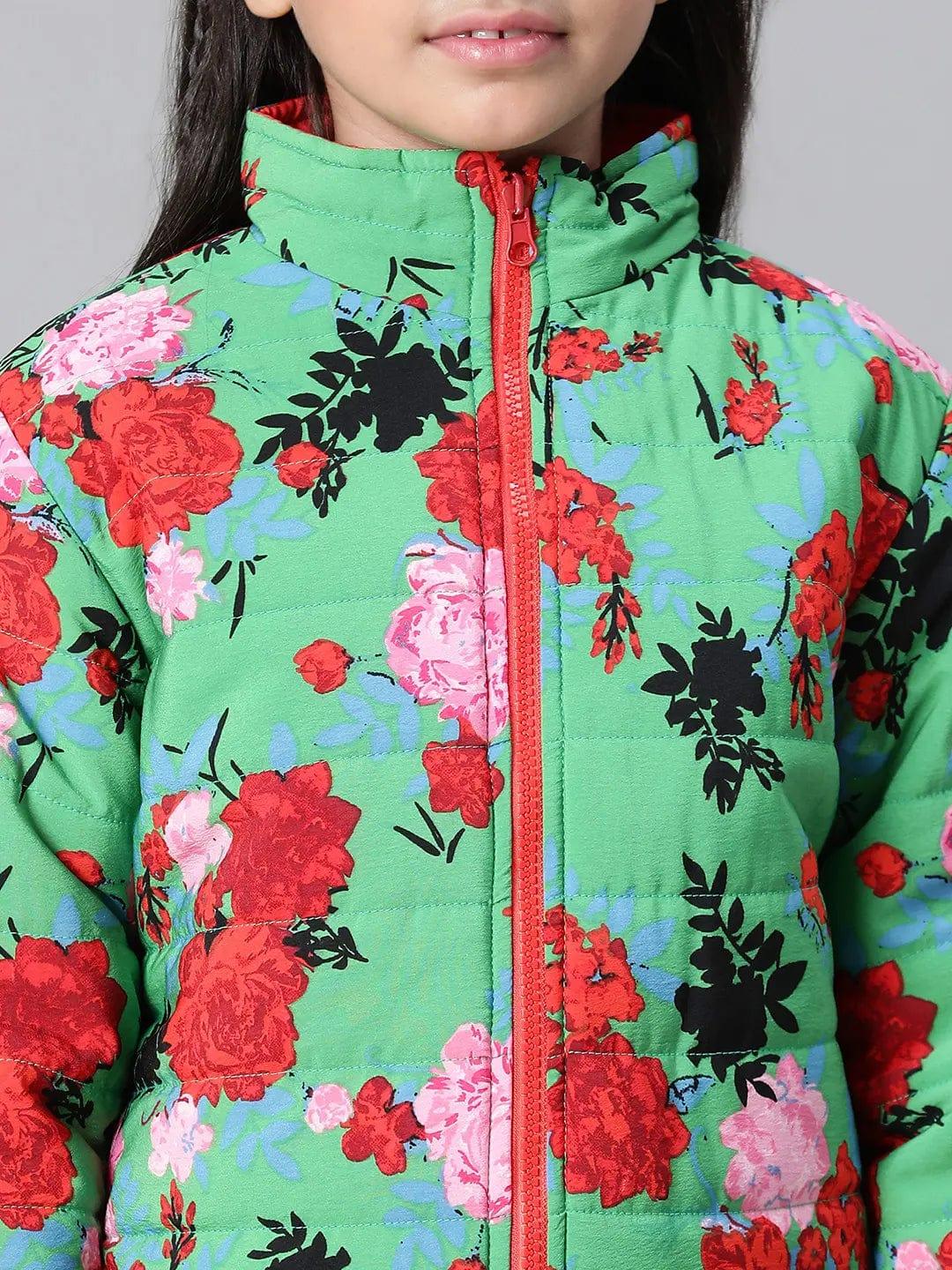 Kids Girl Floral Print Green Zip Lined Long Sleeve Reversible Quilted Jacket - Image 6