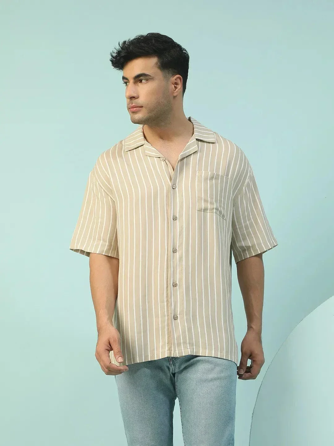 King Beige Stripe Print Lapel Collar Short Sleeve Oversized Men Shirt