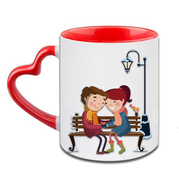 Kissing Couple Heart Handle Ceramic Red Mug / 350 Ml